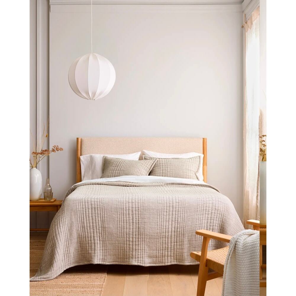 NWOT Quince 100% Organic Cotton Channel Stitch Coverlet Set King Cal King Taupe - Picture 2 of 10